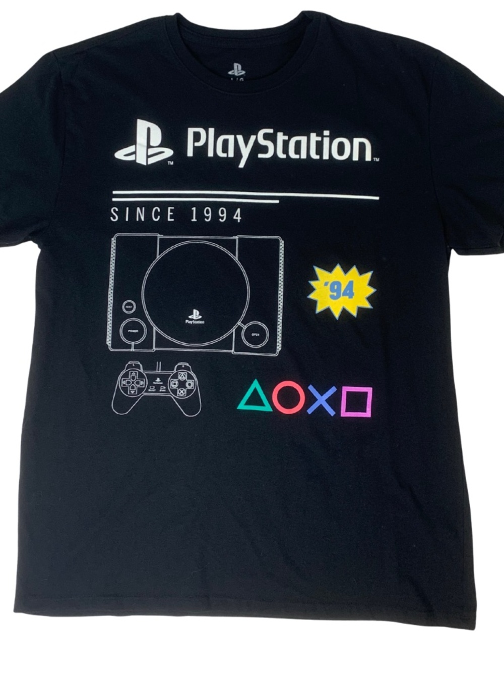 Sony Black PlayStation Retro Console Graphic Tee Neon Button Icons 90s Retro